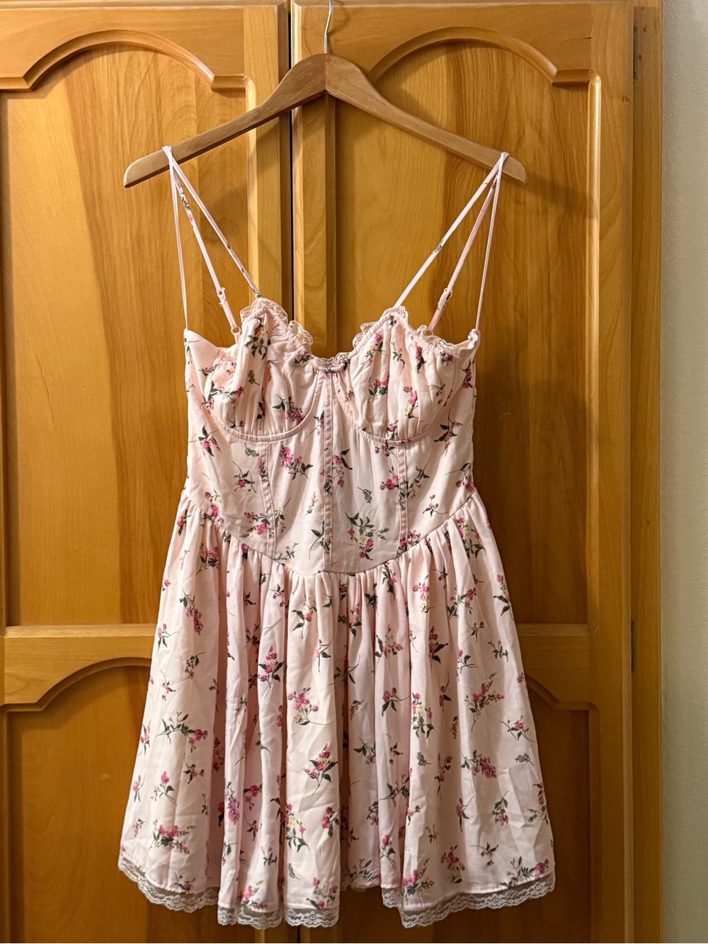 Pink Floral Mini Dress with Lace Trim